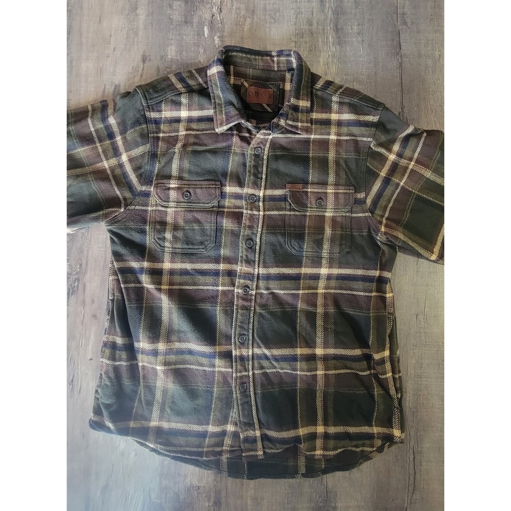 Orvis Big Bear Mens Large Long Sleeve‎ Heavyweight Flannel Green Plaid Shirt EUC